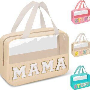Preppy Clear Mama Makeup Bags with Chenille Letter Patches, Travel Essentials La